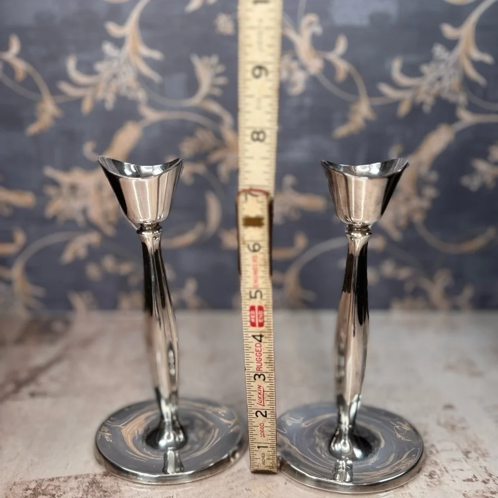 Pair of Sleek Silver Metal Candlesticks